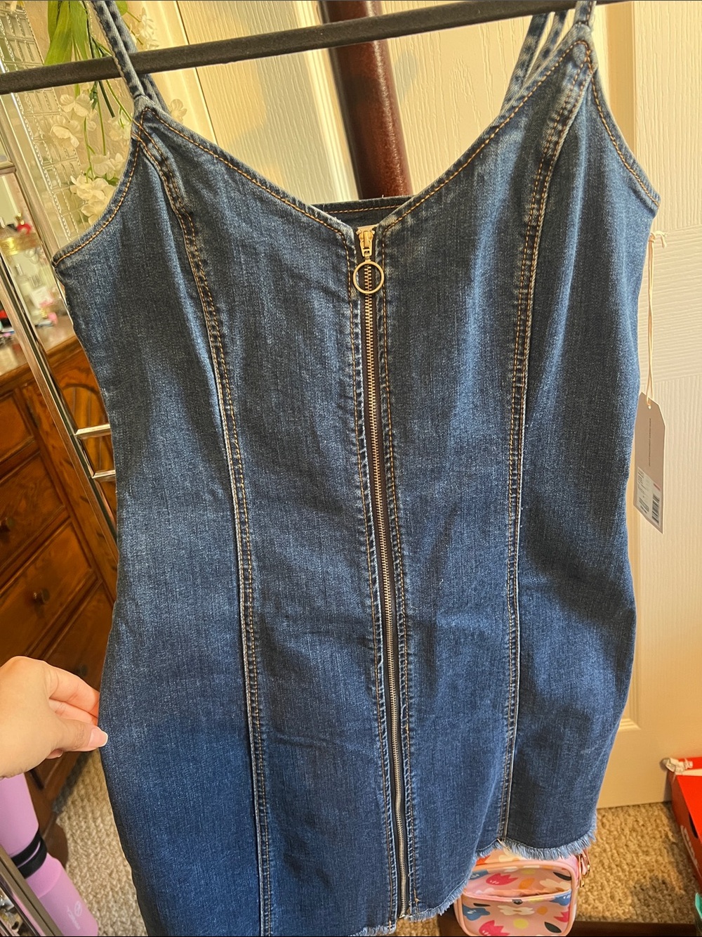 Dark Blue Stretchy Denim Mini Dress with Front Zip